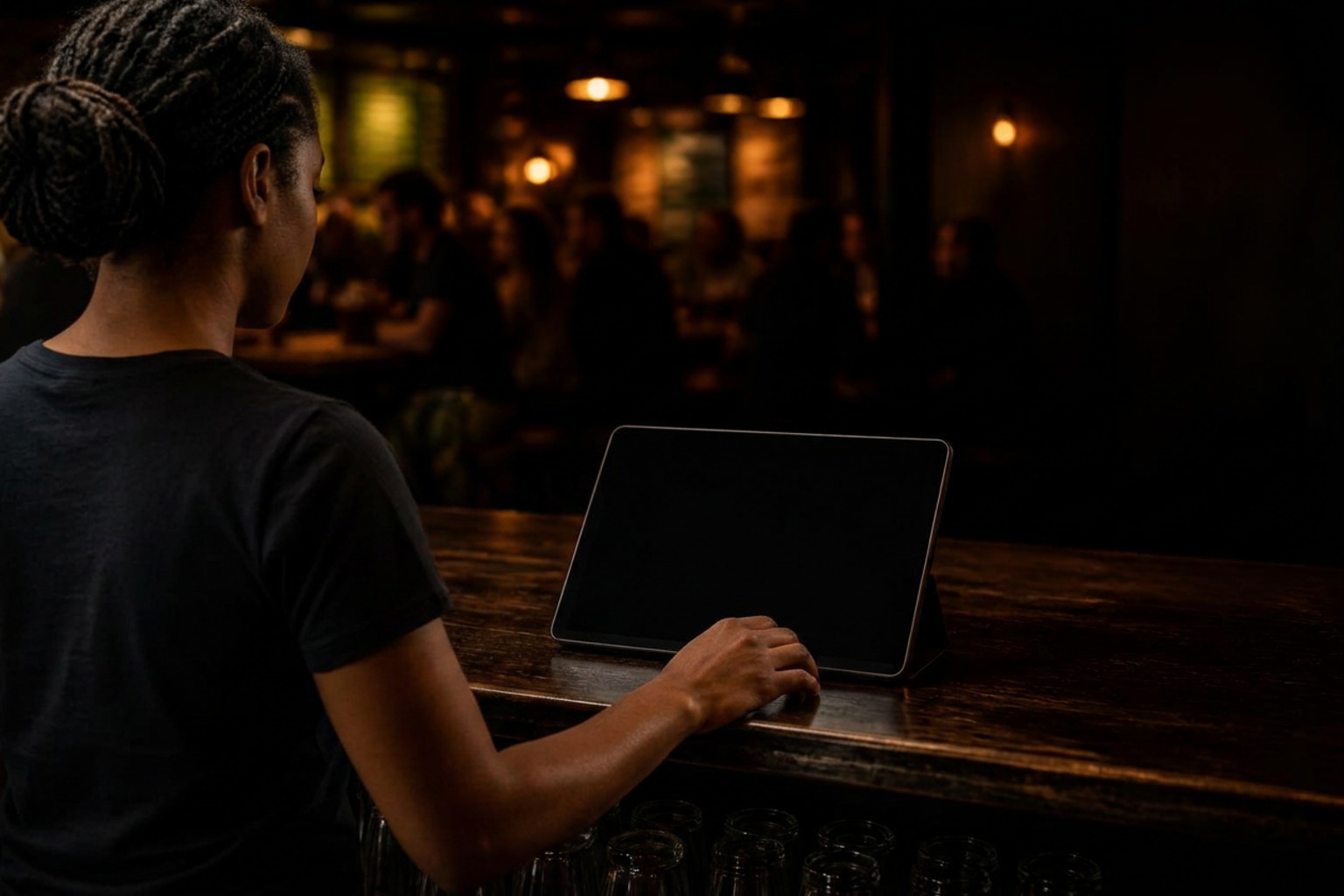 A bartender reaching for a tablet on the bar, with a busy taproom out of focus behind.